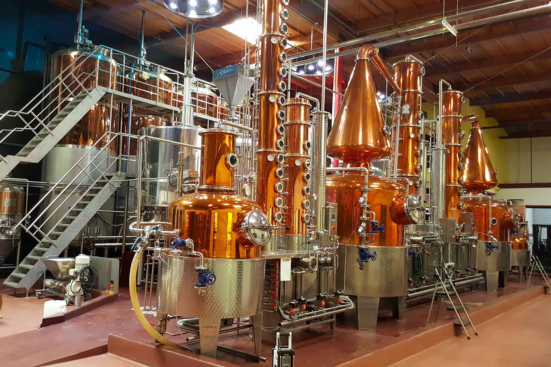 Los Angeles Distillery's brewing and distilling equipment inside the production warehouse
